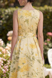 Vestido Midi de línea con lazos florales amarillos de mantequilla en pico, escote en pico