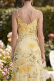 Vestido floral funda de mantequilla amarillo con tirantes finos de mantequilla fruncido
