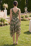 Vestido Midi asimétrico de línea verde oscuro con escote en V floral y fruncido