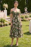 Vestido midi floral verde oscuro A Line Off the Shoulder