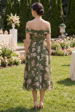 Vestido midi floral verde oscuro A Line Off the Shoulder