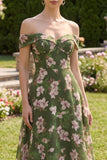 Vestido midi floral verde oscuro A Line Off the Shoulder