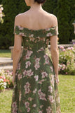 Vestido midi floral verde oscuro A Line Off the Shoulder