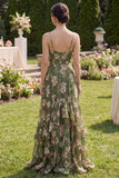 Vestido Maxi de tirantes finos de la línea A verde oscuro con volantes