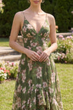 Vestido Maxi de tirantes finos de la línea A verde oscuro con volantes
