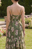 Vestido Maxi de tirantes finos de la línea A verde oscuro con volantes