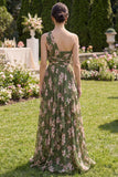 Vestido Maxi verde oscuro, floral y rizado con volantes y abertura