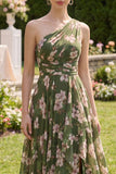 Vestido Maxi verde oscuro, floral y rizado con volantes y abertura