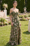 Vestido floral Maxi A de la línea A verde oscuro con volantes