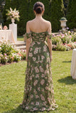 Vestido floral Maxi A de la línea A verde oscuro con volantes
