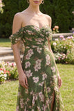 Vestido floral Maxi A de la línea A verde oscuro con volantes