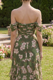 Vestido floral Maxi A de la línea A verde oscuro con volantes