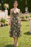Vestido Midi de línea verde oscuro con flecos en pico floral verde oscuro