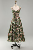 Vestido Midi de línea verde oscuro con flecos en pico floral verde oscuro