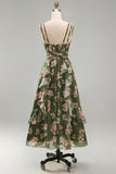 Vestido Midi de línea verde oscuro con flecos en pico floral verde oscuro