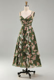 Vestido Midi de línea verde oscuro con flecos en pico floral verde oscuro