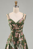 Vestido Midi de línea verde oscuro con flecos en pico floral verde oscuro
