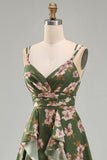 Vestido Midi de línea verde oscuro con flecos en pico floral verde oscuro