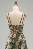 Vestido Midi de línea verde oscuro con flecos en pico floral verde oscuro