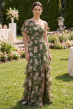 Vestido Maxi de mangas con volantes de la línea A verde oscuro floral A