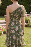 Vestido Maxi de mangas con volantes de la línea A verde oscuro floral A