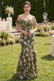 Vestido largo de sirena floral verde oscuro con volantes