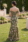 Vestido largo de sirena floral verde oscuro con volantes