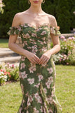 Vestido largo de sirena floral verde oscuro con volantes