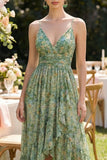 Vestido verde polvoriento de escote en V alto y floral bajo con volantes