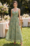 Vestido Maxi de tirantes finos verde polvoriento con franzas florales A Line
