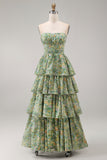 Corsé A String Sin tirantes A Tooth Dusty Flower Dress con volantes y volantes verde polvoriento
