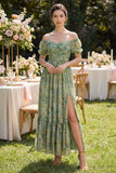 Vestido Maxi verde polvoriento de mangas abullonadas florales Línea A con abertura