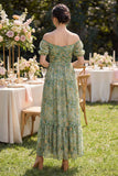 Vestido Maxi verde polvoriento de mangas abullonadas florales Línea A con abertura