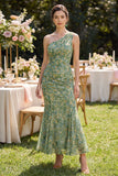 Vestido largo largo floral de un hombro de sirena verde polvoriento y fruncido