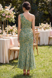 Vestido largo largo floral de un hombro de sirena verde polvoriento y fruncido