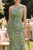 Vestido largo largo floral de un hombro de sirena verde polvoriento y fruncido