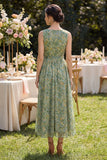 Vestido midi verde polvoriento de escote en V con escote en V y línea A con lazo