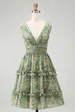Vestido midi de líneas florales de escote en V verde polvoriento con volantes