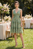 Vestido midi de líneas florales de escote en V verde polvoriento con volantes