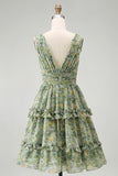 Vestido midi de líneas florales de escote en V verde polvoriento con volantes