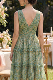 Vestido midi de líneas florales de escote en V verde polvoriento con volantes