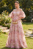 Vestido largo floral largo de tul con aplicaciones en tul y mangas abullonadas de hombros en rosa fucsia