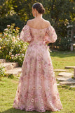 Vestido largo floral largo de tul con aplicaciones en tul y mangas abullonadas de hombros en rosa fucsia
