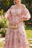 Vestido largo floral largo de tul con aplicaciones en tul y mangas abullonadas de hombros en rosa fucsia