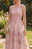 Vestido largo floral de un hombro en tul rosa fucsia en línea A