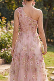 Vestido largo floral de un hombro en tul rosa fucsia en línea A