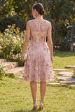 Vestido Midi floral apliqueado con escote en V de tul rosa fucsia en línea A