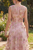Vestido Midi floral apliqueado con escote en V de tul rosa fucsia en línea A