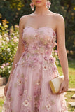 Vestido midi floral con plique de tul A-Line Tulle Sweetheart Pink Fucsia