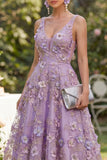 Vestido midi floral con cuentas con escote en V de tul lila y escote en V